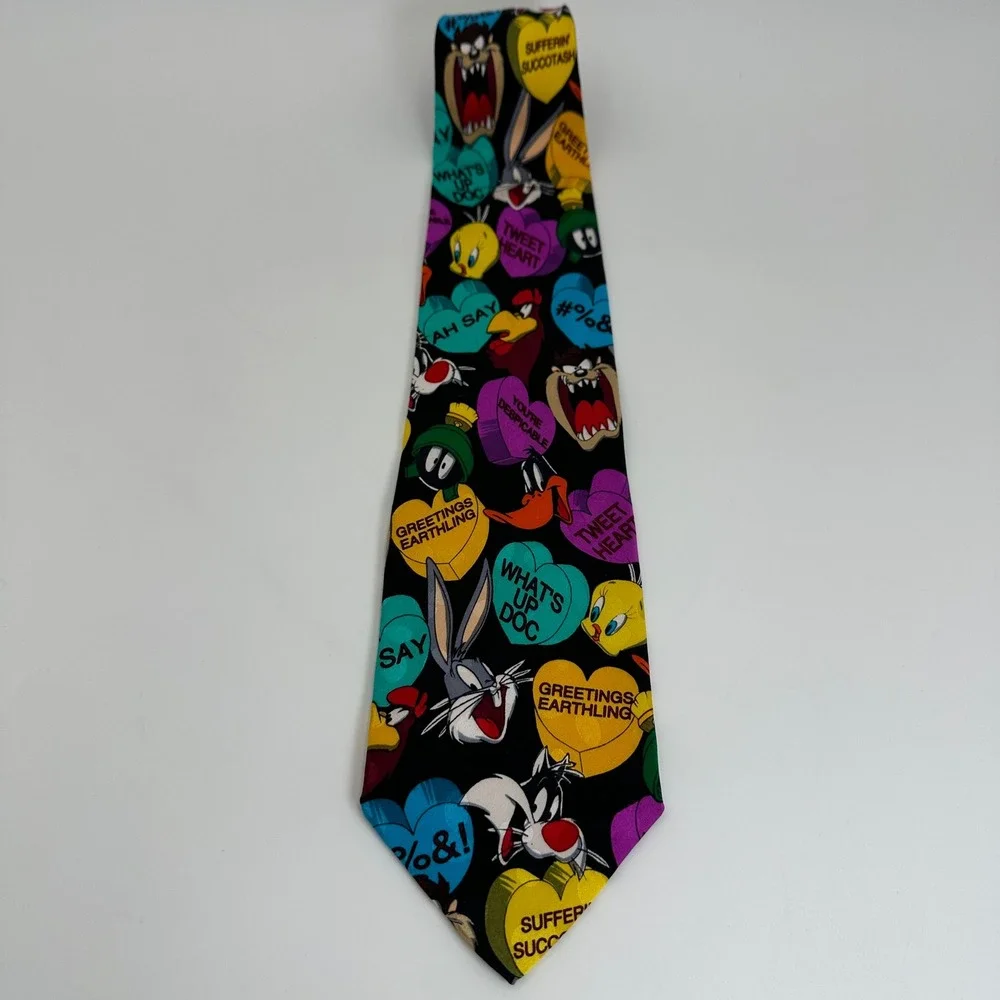 Looney Tunes Mania Necktie Black 1994 Vintage Silk Cartoon‎ Hearts Bugs Bunny